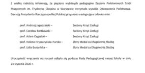 List gratulacyjny Dyrektora Szkoły - odznaczenia państwowe