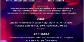 Afisz - grafika na kolorowym tle z napisem - Koncert dyplomatów ZPSM im. F. Chopina w Warszawie, 28 kwietnia 2022 godz 19.00, sala koncertowa UMFC